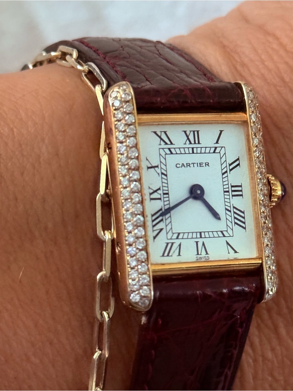 Cartier Burgundy Leather Strap Gold Case Diamond Accent Women's Watch